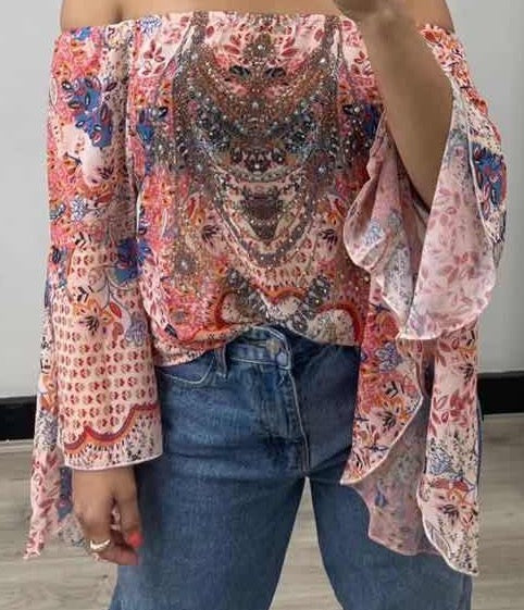 Gigi & Ella Exclusive Print Pink Floaty Off Shoulder Top