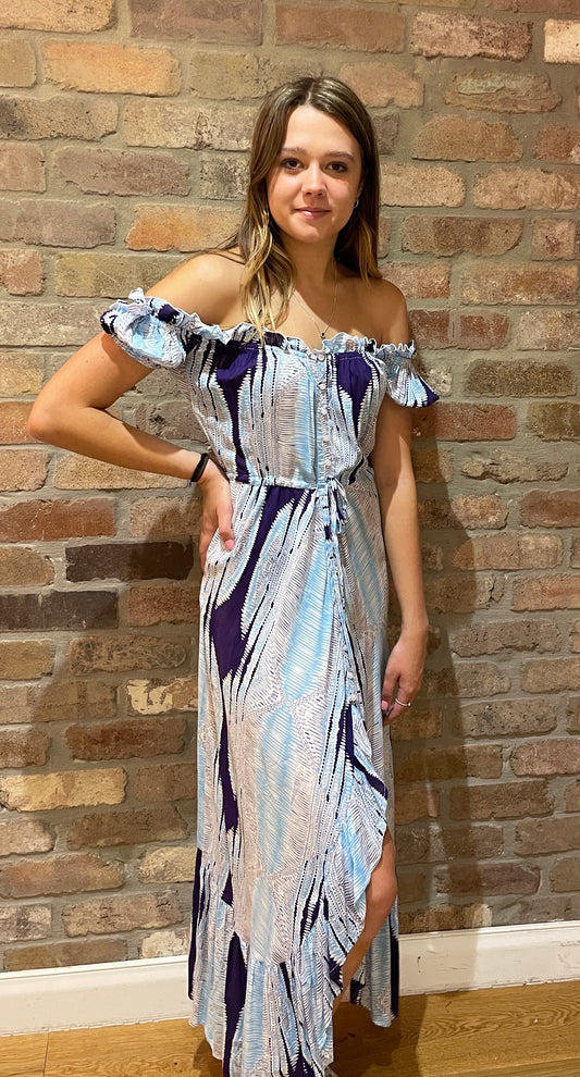 Purple on White Print Off Shoulder Maxi Dress