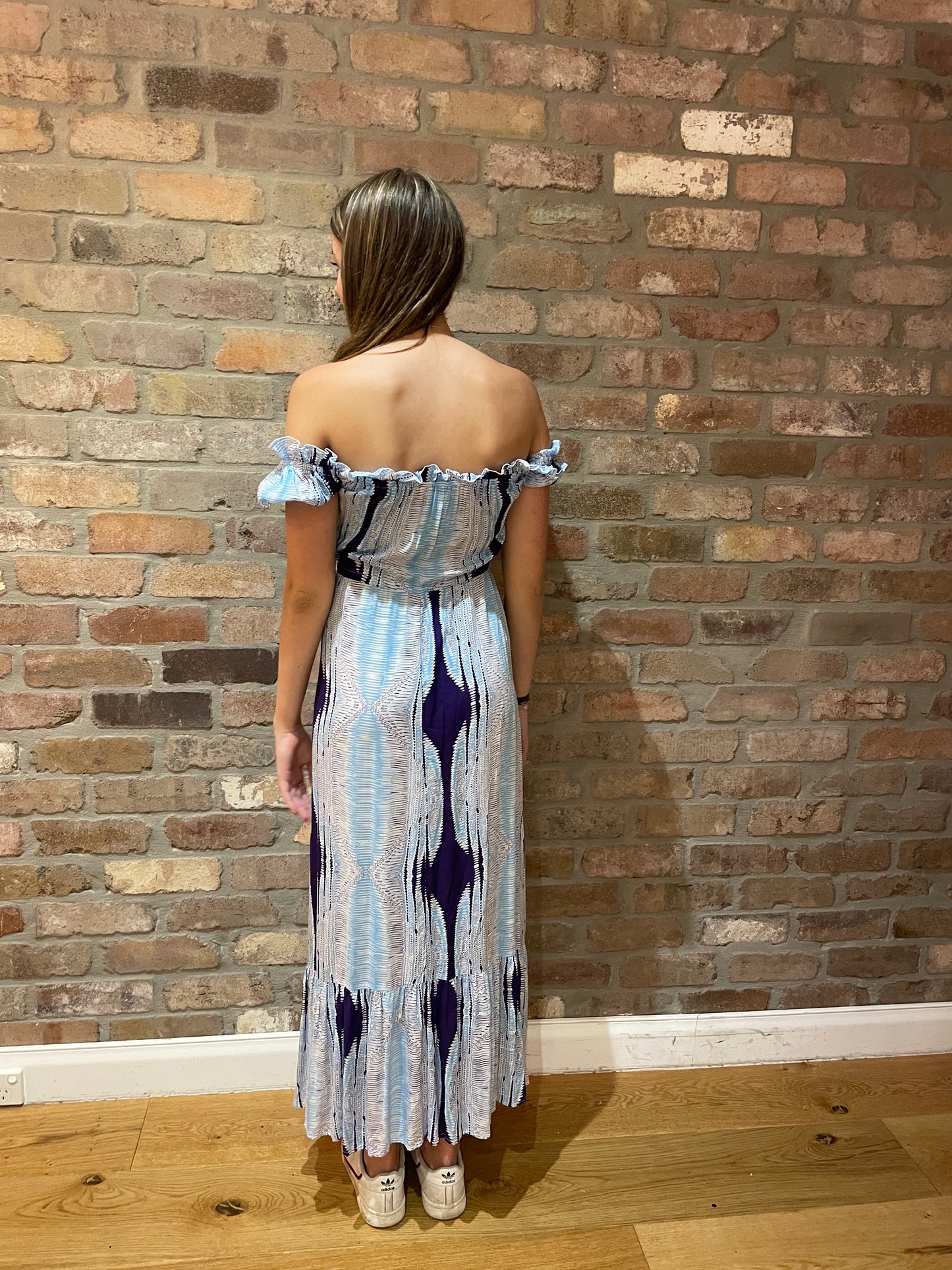 Purple on White Print Off Shoulder Maxi Dress