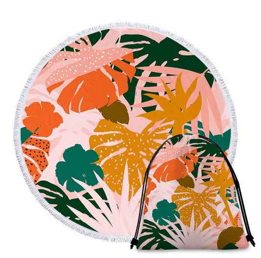 Pink Palm Fronds Beach Towel in its own Drawstring Bag