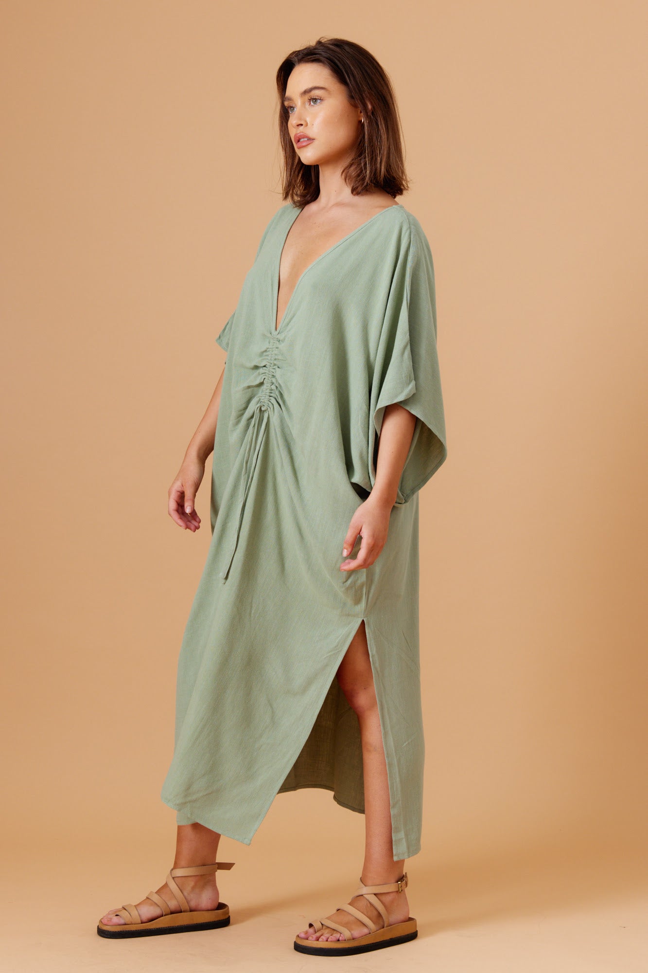 BTL Sienna Sage Coloured Linen Mix Kaftan