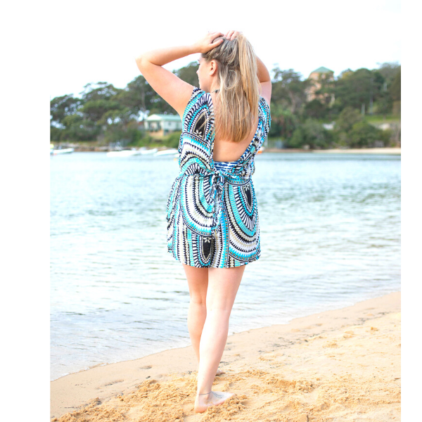 Sleeveless Bow Back Blue and Black Printed Playsuit - reversible-Beachkaftansandresortfashion