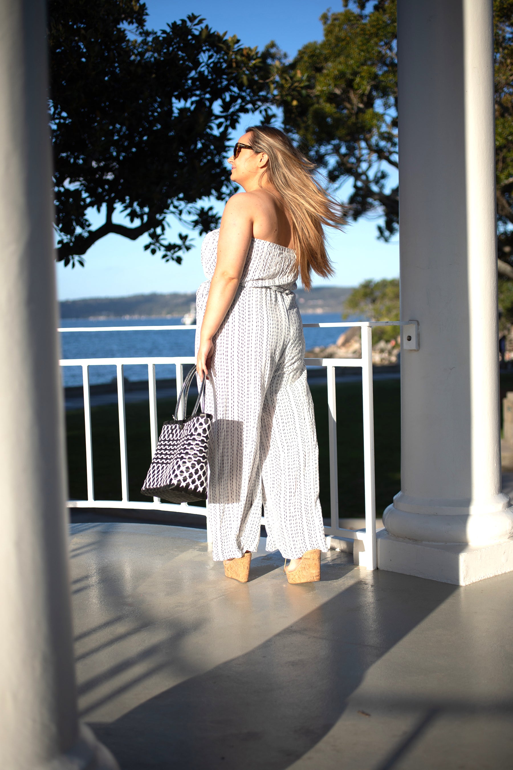 White and Black Pinstripe Strapless Jumpsuit-Beachkaftansandresortfashion