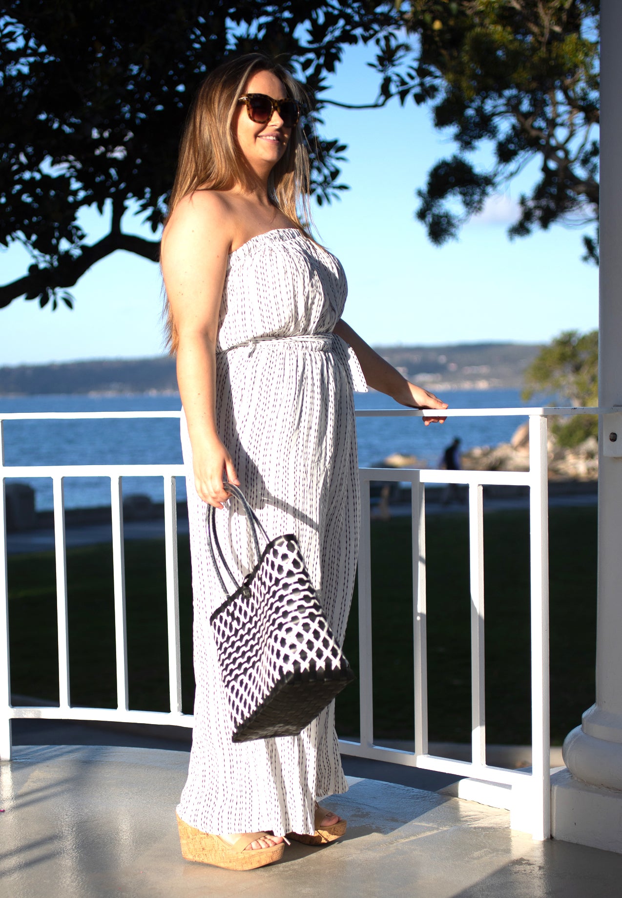 White and Black Pinstripe Strapless Jumpsuit-Beachkaftansandresortfashion