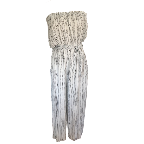 White and Black Pinstripe Strapless Jumpsuit-Beachkaftansandresortfashion