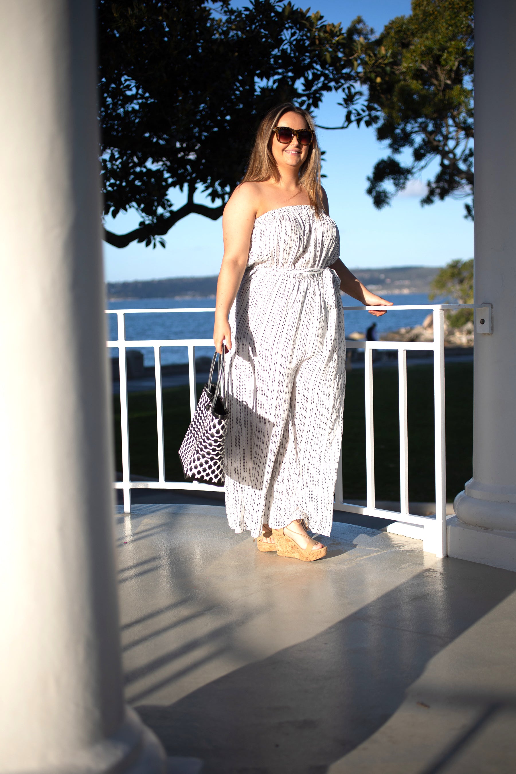 White and Black Pinstripe Strapless Jumpsuit-Beachkaftansandresortfashion