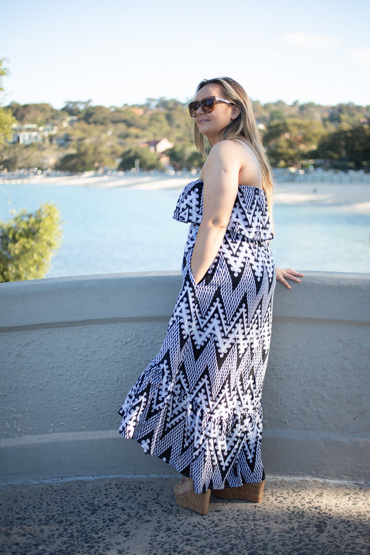 Navy and White Zig Zag Print Strapless Midi to Maxi Dress-Beachkaftansandresortfashion