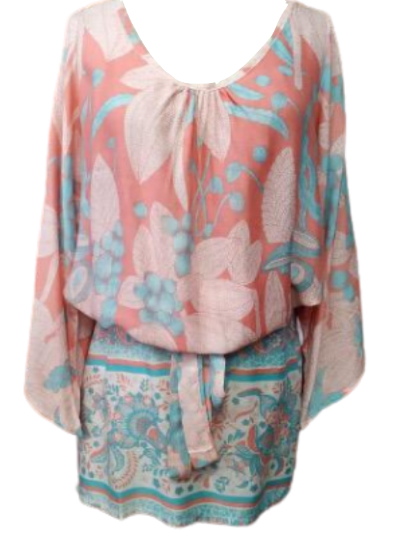Tropical Print Pink, White and Turquoise Tunic Kaftan-Beachkaftansandresortfashion