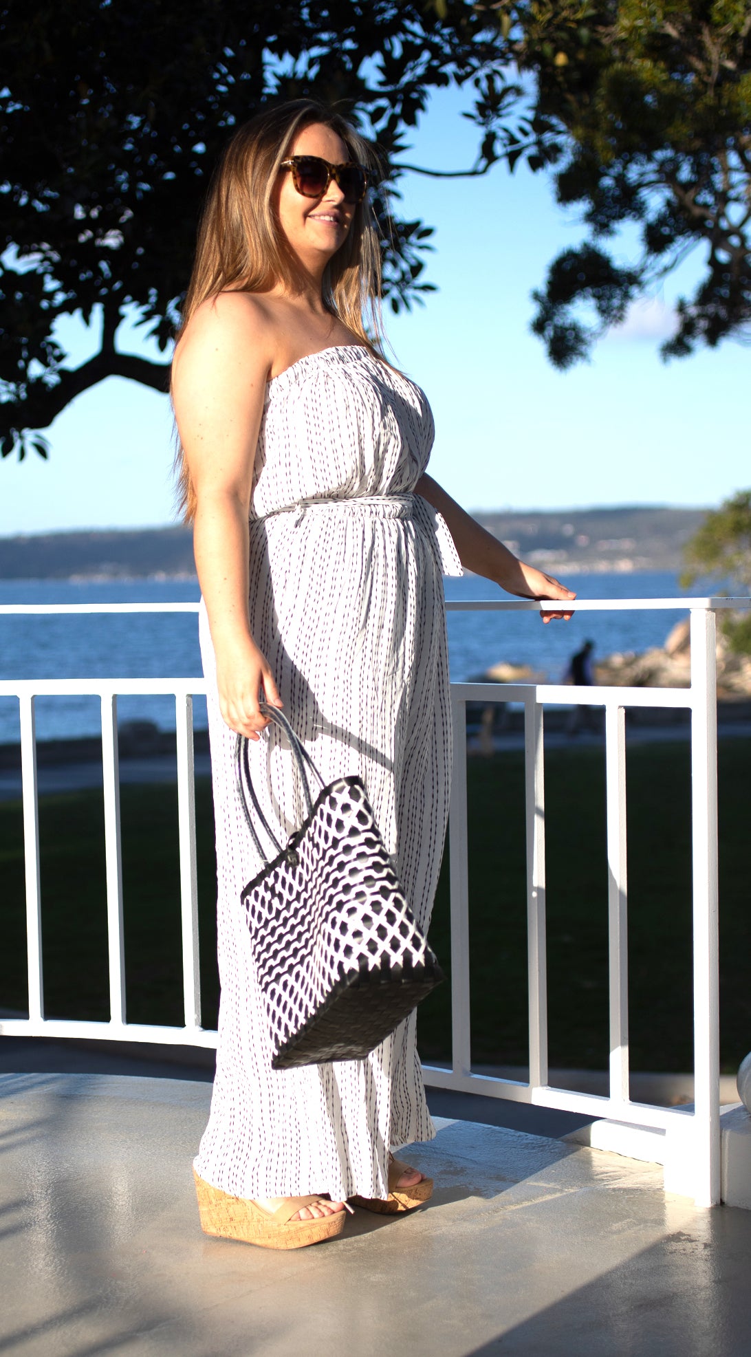 White and Black Pinstripe Strapless Jumpsuit-Beachkaftansandresortfashion