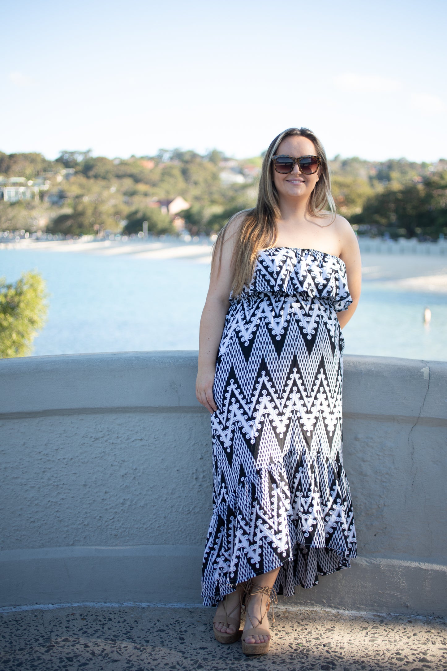Navy and White Zig Zag Print Strapless Midi to Maxi Dress-Beachkaftansandresortfashion