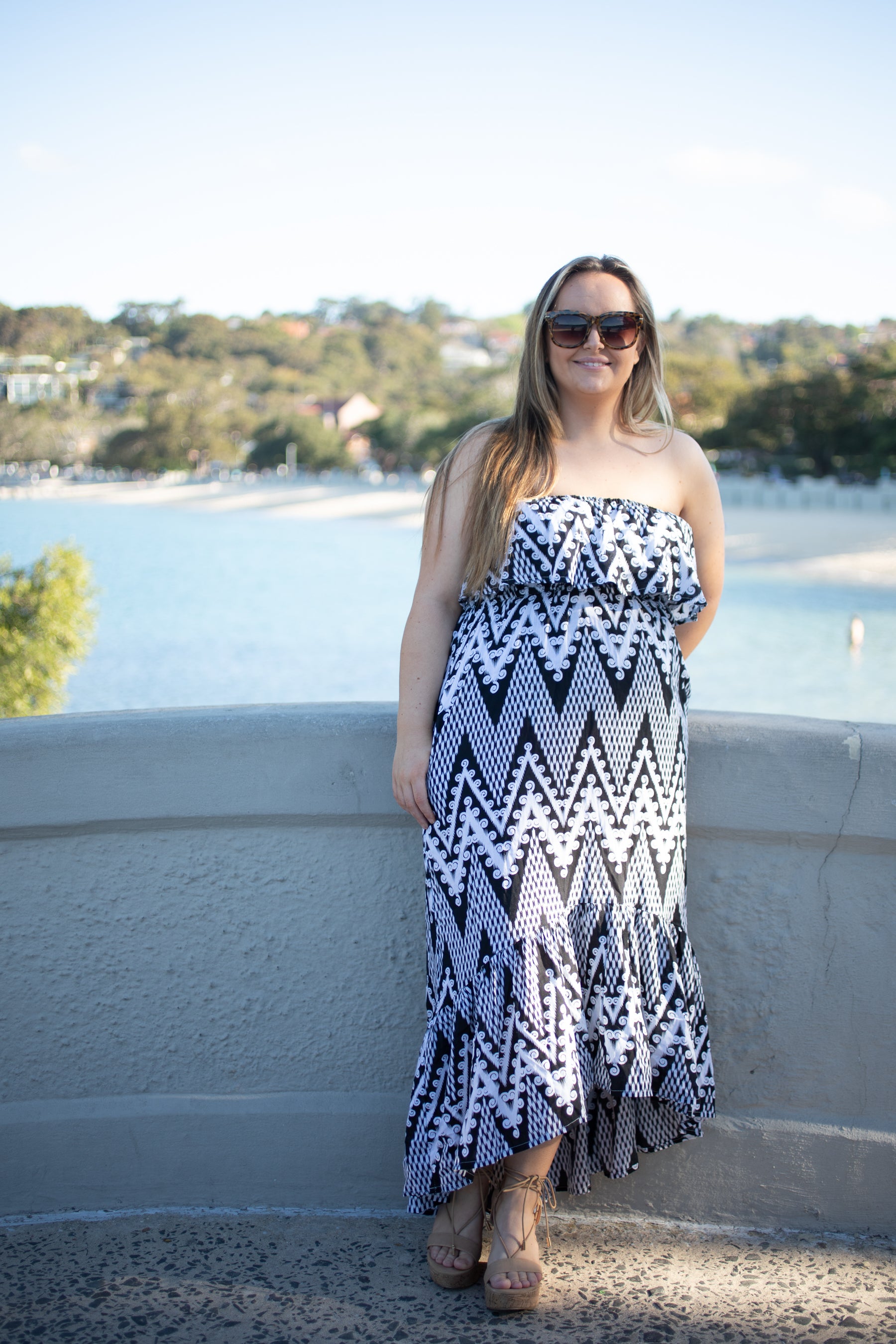 Navy and White Zig Zag Print Strapless Midi to Maxi Dress-Beachkaftansandresortfashion