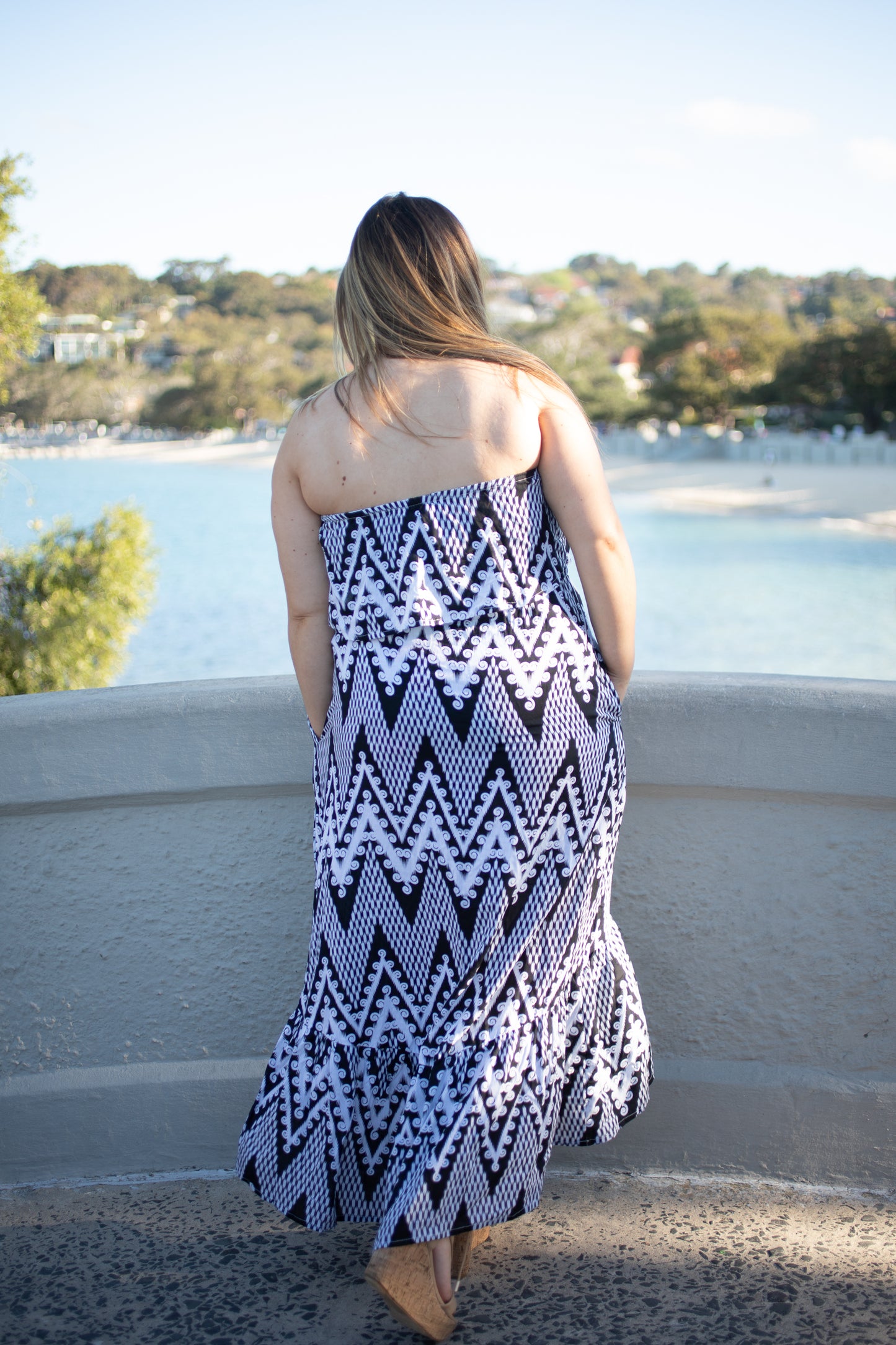 Navy and White Zig Zag Print Strapless Midi to Maxi Dress-Beachkaftansandresortfashion