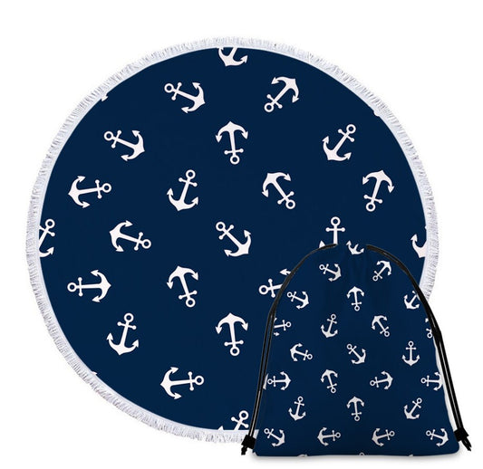 Navy Blue and White Anchor Beach Towel in its own Drawstring Bag