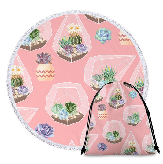 Pink Cactus Print Design Beach Towel in its own Drawstring Bag