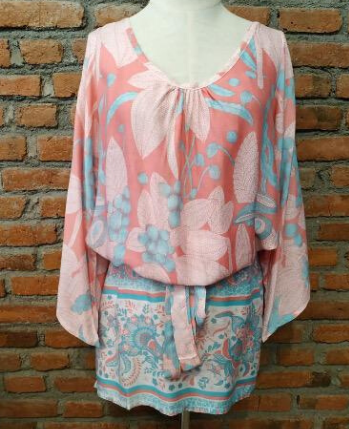 Tropical Print Pink, White and Turquoise Tunic Kaftan-Beachkaftansandresortfashion
