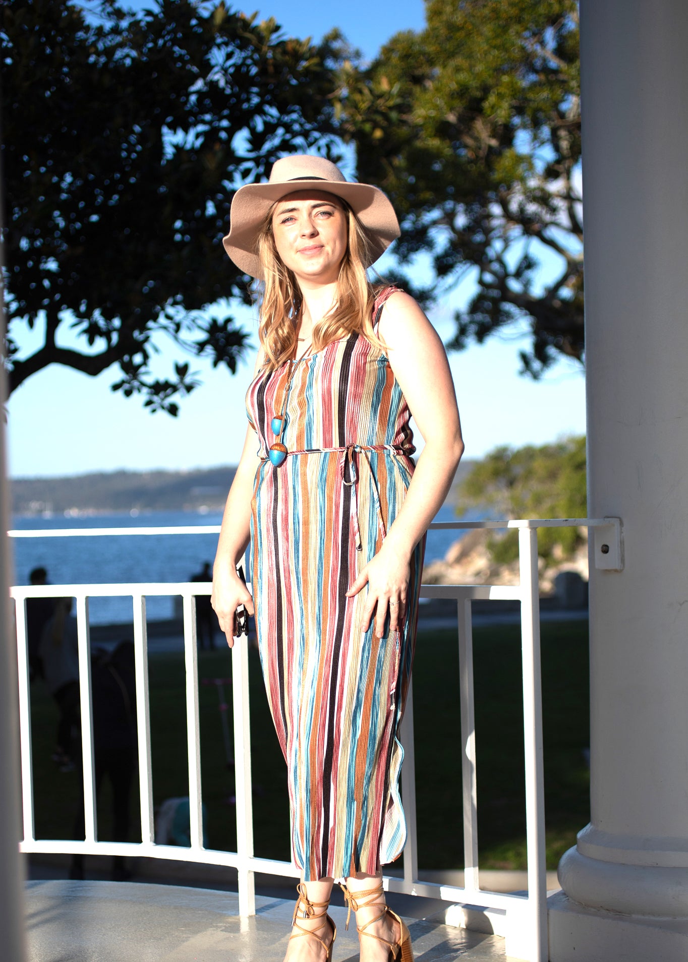 Sunny Girl Gold, Pink and Blue Striped Sleeveless Shift Dress